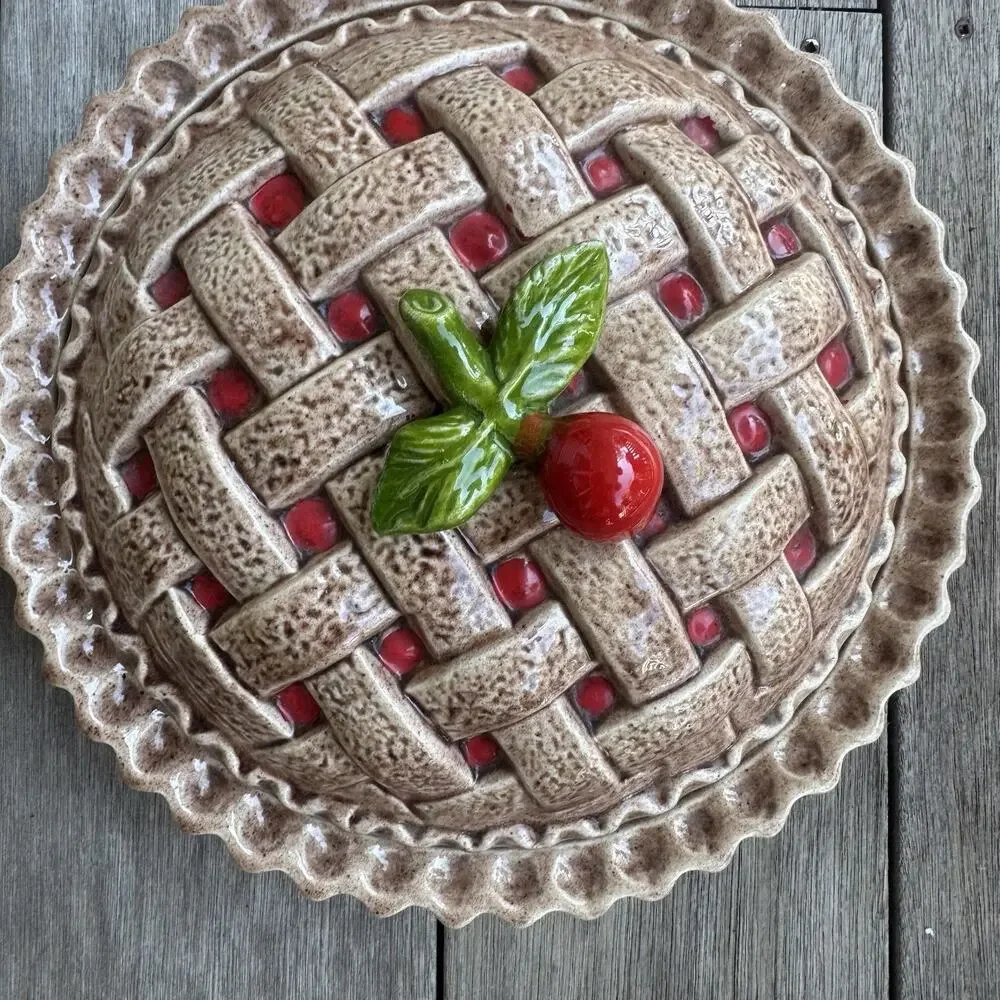 Vintage Ceramic Cherry Pie Keeper Dish with Lid Cottagecore
